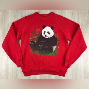 Vintage 90s Giant Panda Bear Raglan Red Crewneck Sweatshirt Made in USA Large